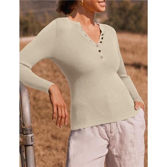 Women's Long Sleeve Button-Down V-Neck Slim Fitted Ribbed Knit Tee - Picture 3 of 8